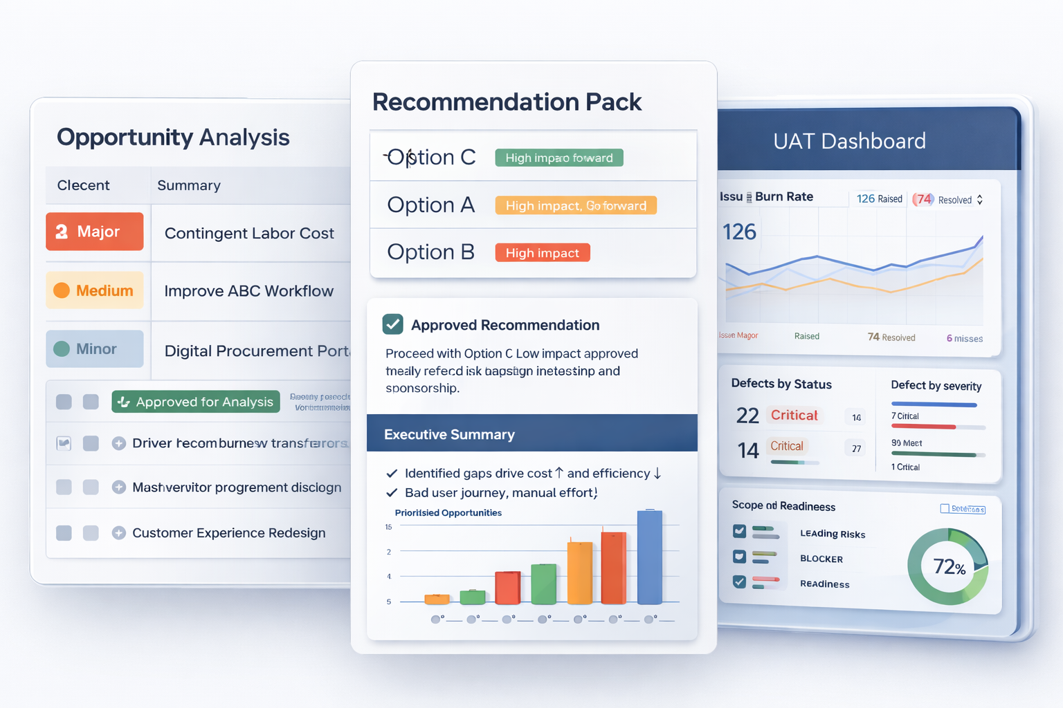 Sample StratForge output artefacts displayed across discovery, requirements and UAT delivery stages.