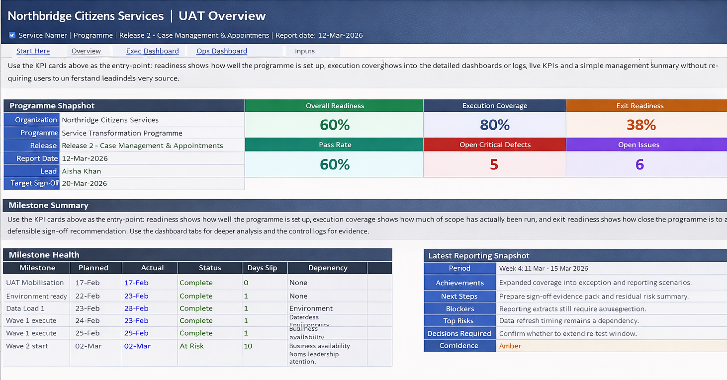 Real-time UAT dashboard view of execution progress, defect status and sign-off readiness.