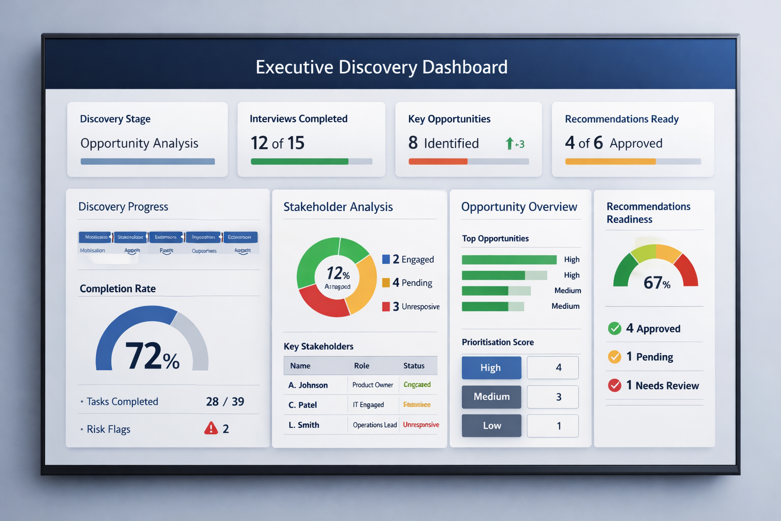 The Discovery Command Pack executive dashboard view showing readiness indicators and summary charts.