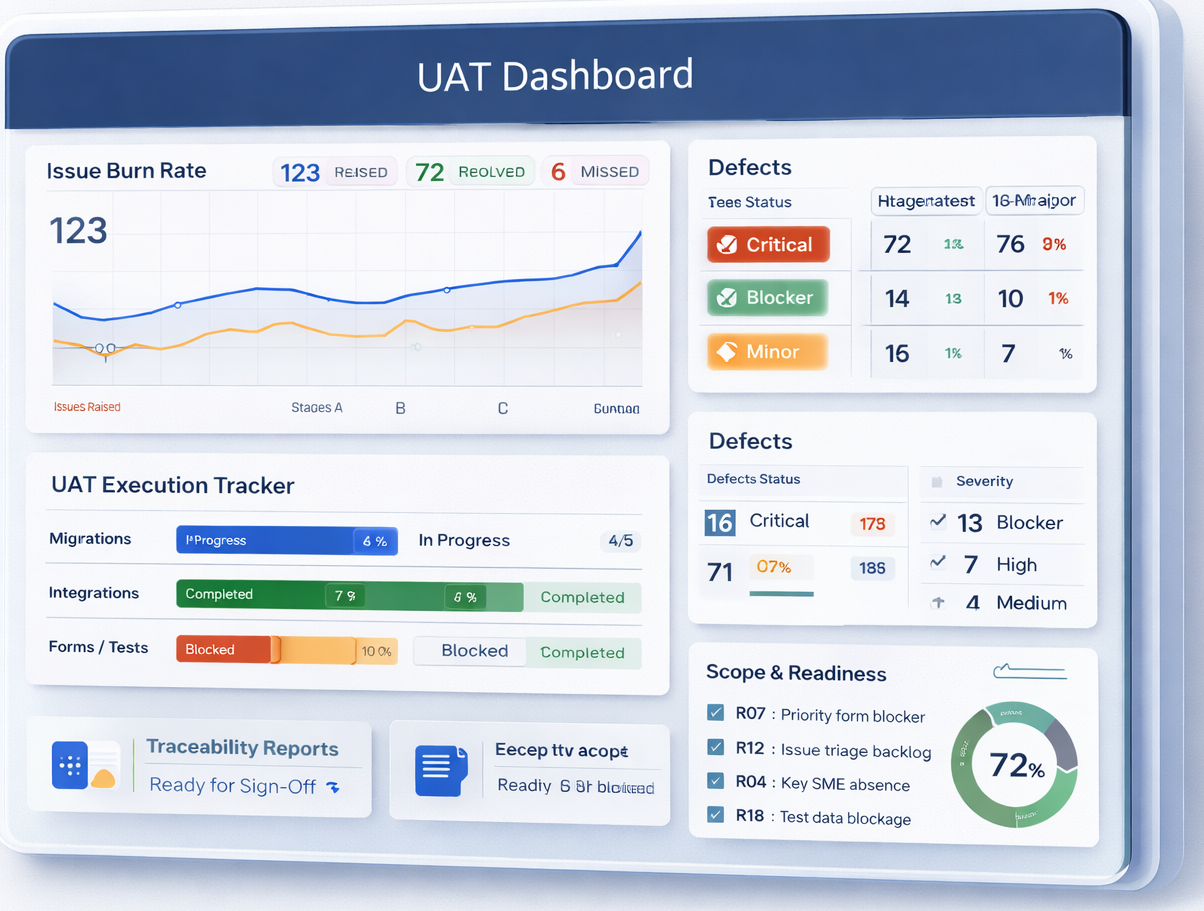 UAT dashboard view showing execution tracking, defect control and readiness indicators.